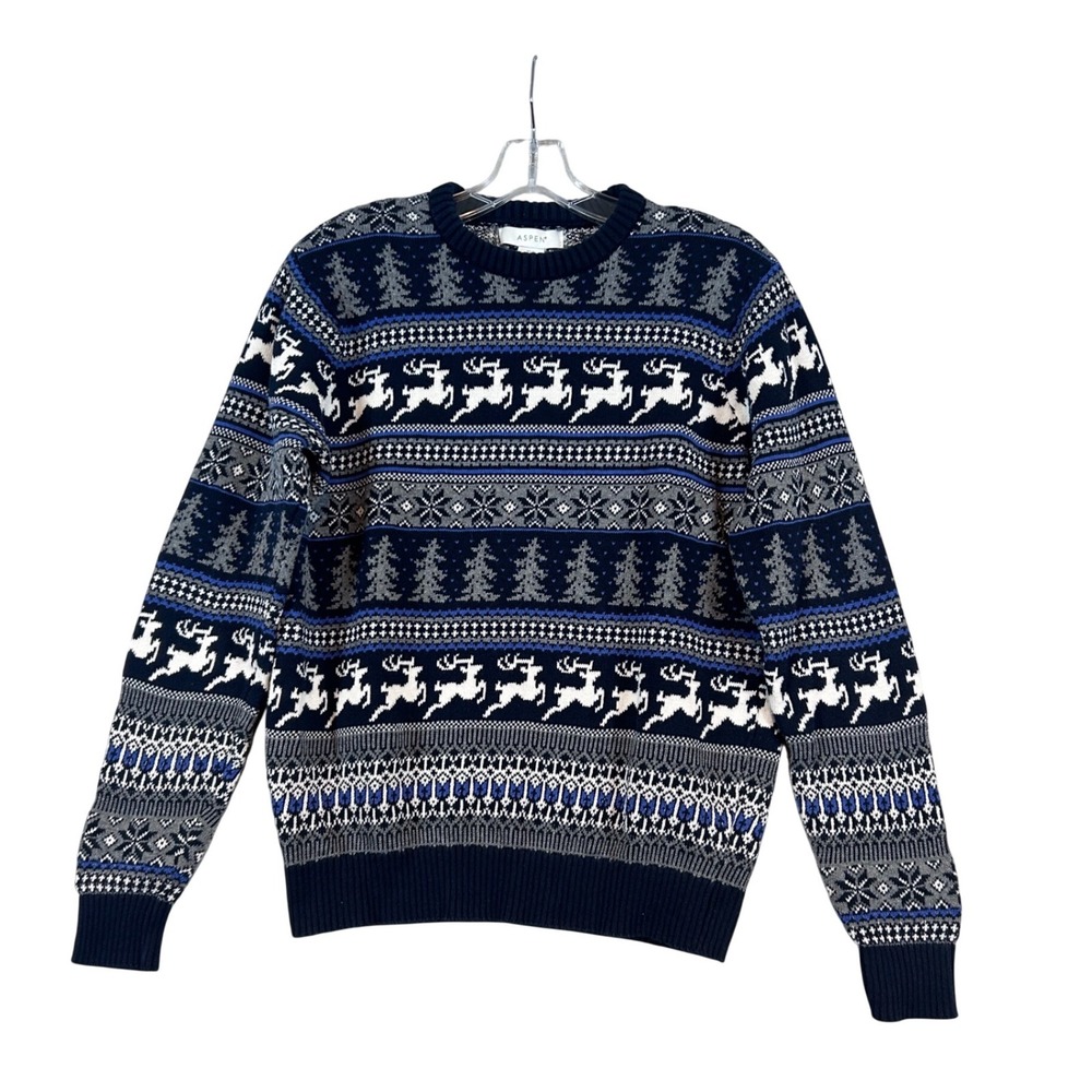 Aspen Boys XL Navy Blue Reindeer Fair Isle Cotton Crewneck Sweater Holiday Knit